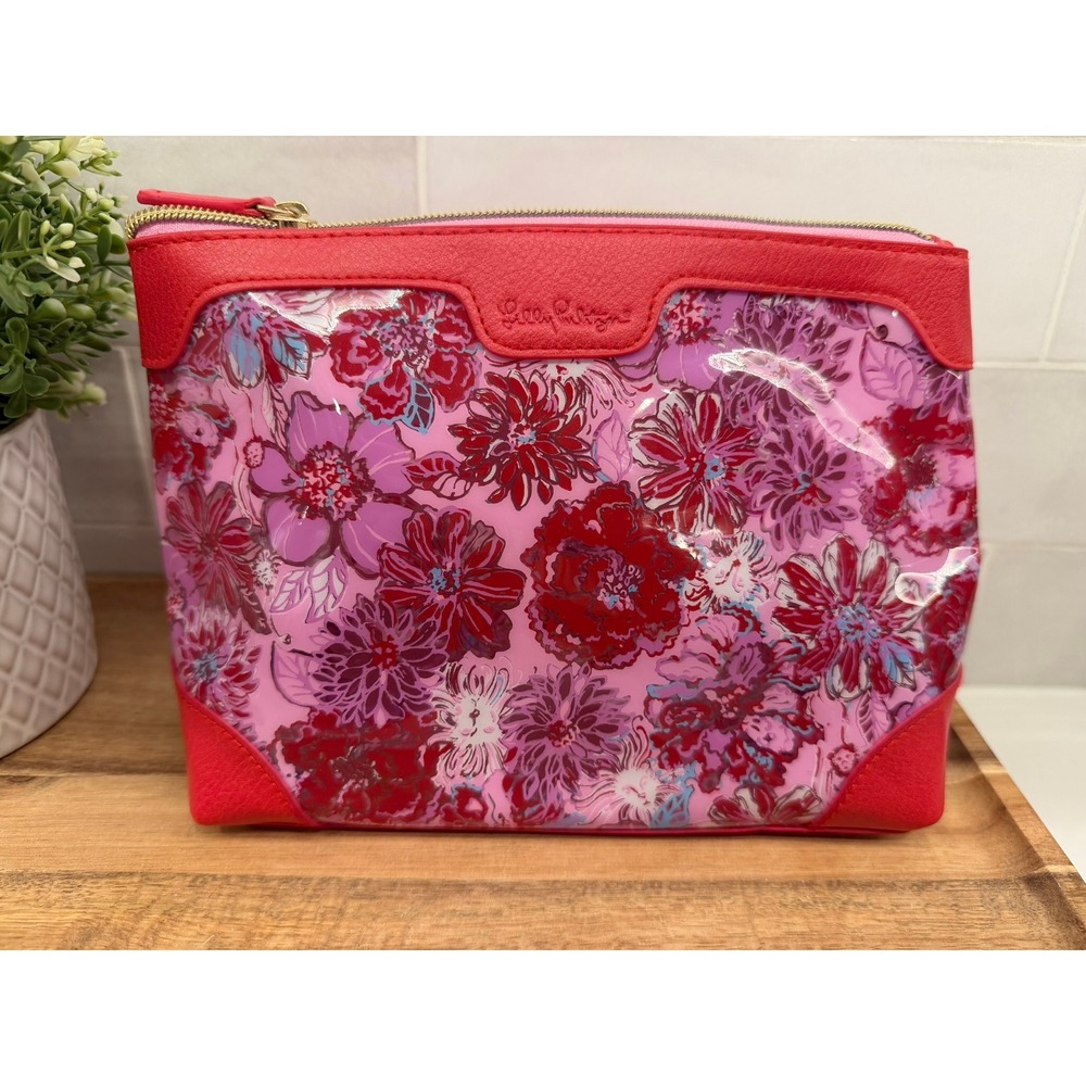 Lilly Pulitzer Floral Cosmetic Bag Pink Red Clear Vinyl Makeup Pouch Travel Case
